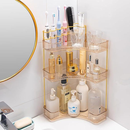 shuang qing Upgraded 3-Tier Corner Bathroom Countertop Organizer – Spacious Storage for Makeup, Skincare & Perfumes, Built-in Brush Holder Fits Vanity/Dresser/Bsthtub (Vintage Gold) - ModernBath