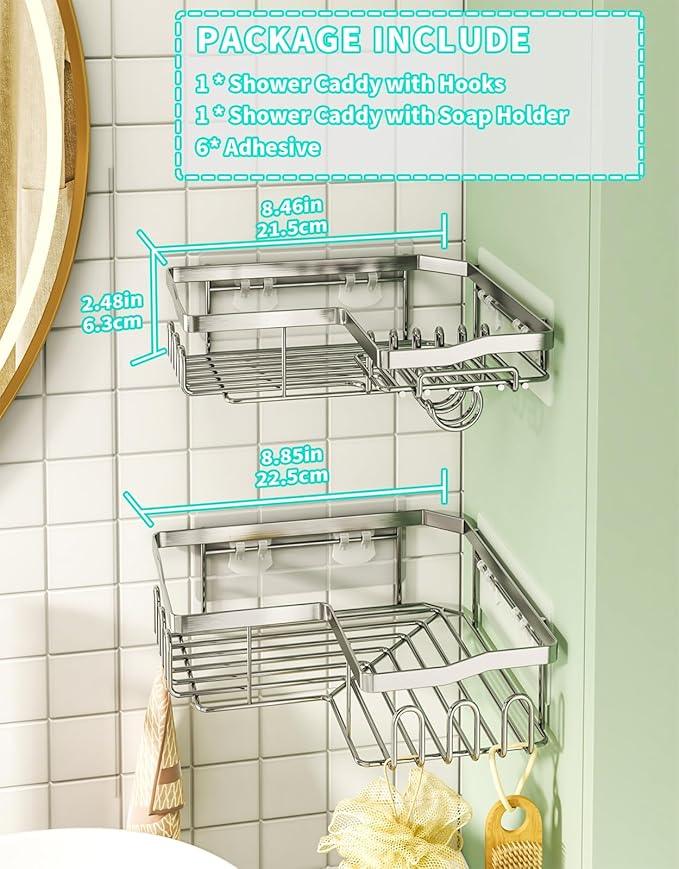 HapiRm Corner Shower Caddy with Shampoo Holder, Shower Organizer with 11 Hooks, No Drilling Rustproof Stainless Steel Bathroom Shelves - Silver (Only for 90 ° Right Angle) - ModernBath