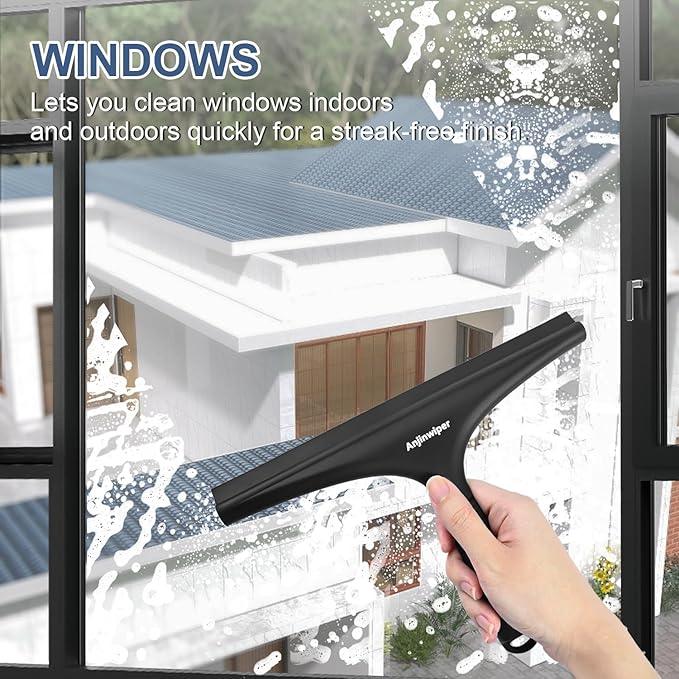 Anjinwiper All-Purpose Shower Squeegee for Glass Doors with Hook, Silicone Squeegee for Shower Glass, Shower Doors, Windows, Bathroom, Mirrors and Tiles（10 inch, Black） - ModernBath