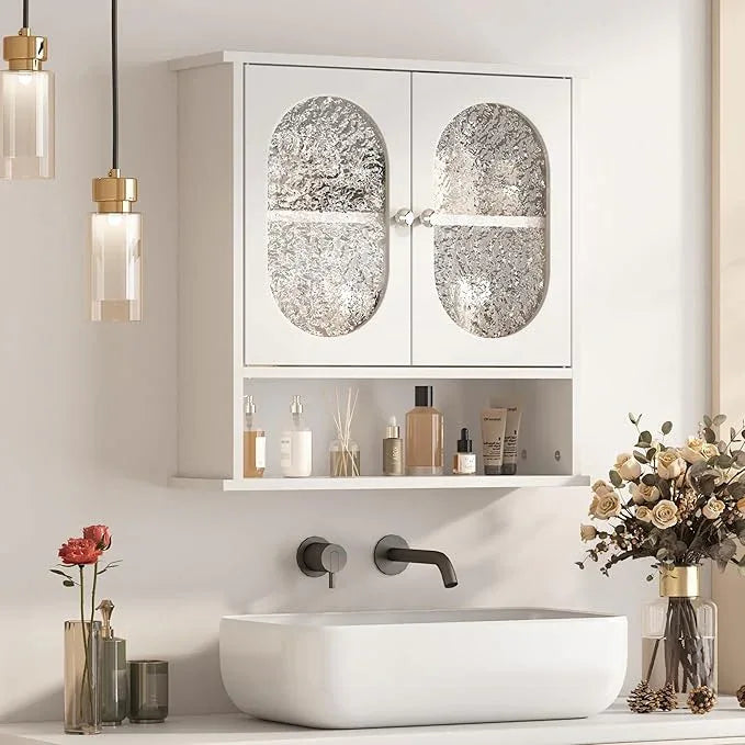 Medicine Cabinet for Bathroom,2 Acrylic Doors White Oval Bathroom Wall Cabinet,Over Toilet Storage Cabinet for Laundry Room/Kitchen/Living Room,Surface Mount Medicine Cabinets 23x24 - ModernBath