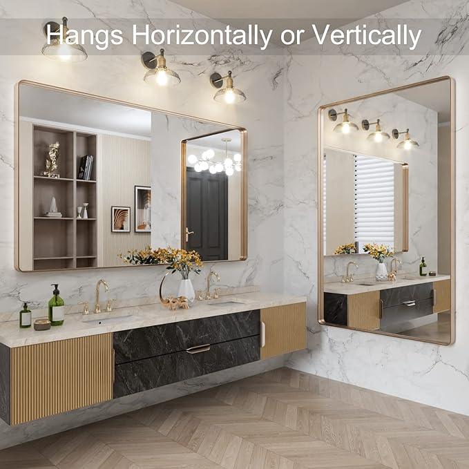 LOAAO 60”X36” Gold Bathroom Mirror, Rounded Rectangle Gold Frame Mirror, Brushed Gold Bathroom Vanity Mirror Wall-Mounted, Anti-Rust, Tempered Glass, Hangs Horizontally or Vertically - ModernBath