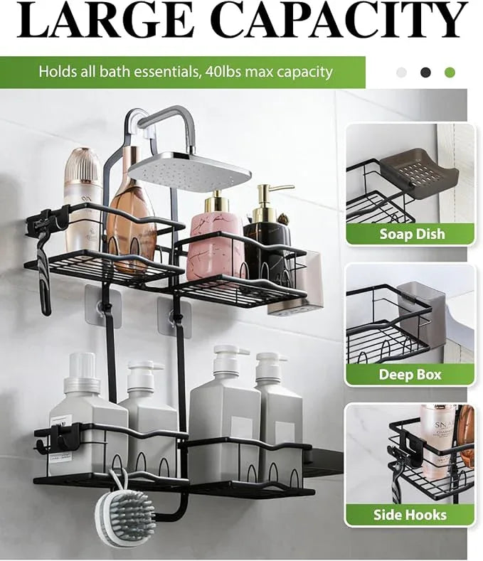 CUETWT Shower Caddy Hanging, Rustproof Shower Organizer Over Showerhead with Hooks for Razor & Sponge, Bathroom Storage Rack with Soap Holder for Shampoo - ModernBath