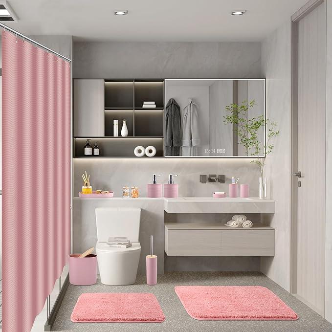 XLHOMO Bathroom Set - Pink Bathroom Accessories Set, Bathroom Sets with Shower Curtain and Rugs, 25PC Shower Curtain Set with Hooks, Soap Dispenser, Soap Dish, Toilet Brush Holder and Trash Can - ModernBath