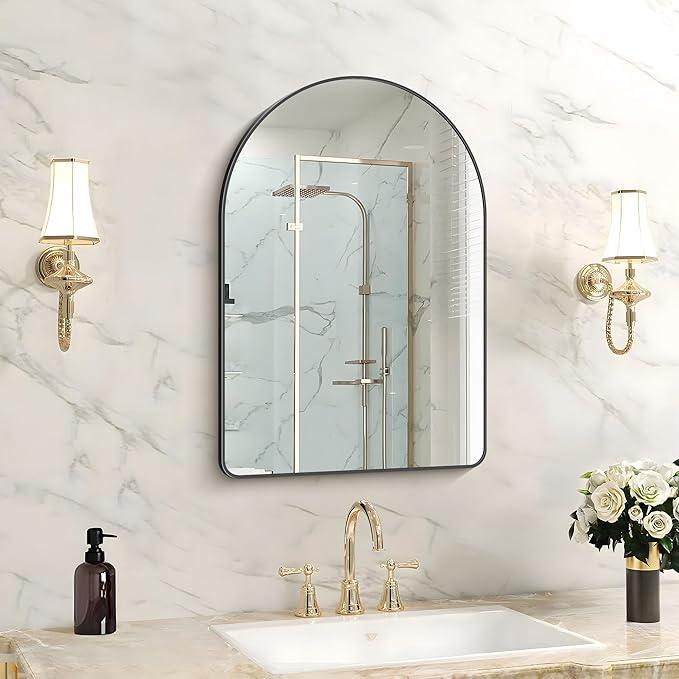 FORBATH Arched Bathroom Mirror 16x24 Inch, Black Bathroom Mirror Wall Mounted Modern Aluminum Alloy Frame Arch Mirror for Bedroom Living Room Entryway, Hanging or Leaning Against Wall - ModernBath