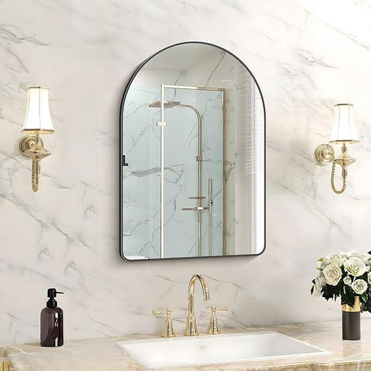 FORBATH Arched Bathroom Mirror 16x24 Inch, Black Bathroom Mirror Wall Mounted Modern Aluminum Alloy Frame Arch Mirror for Bedroom Living Room Entryway, Hanging or Leaning Against Wall - ModernBath