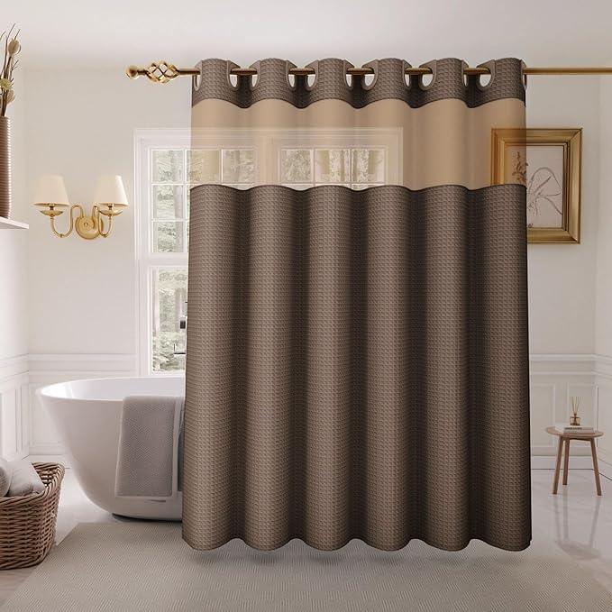 Inhousolu No Hook Shower Curtain with Snap in Fabric Liner Set Waffle Weave 230GSM Weighted Hem, Waterproof & Washable Bathroom Curtain Spa Luxury with Mesh Top Window 72" W x 72" L Brown - ModernBath