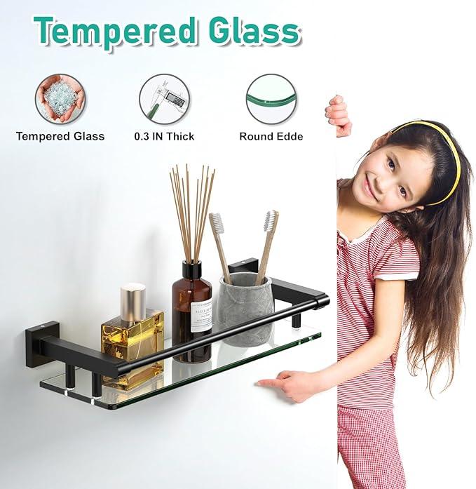 Glass Shelf 16IN for Bathroom Black Rectangular Stainless Steel Tempered Glass Modern Wall Mount Shelf Sink Over Toilet Bathroom Organizer (Matte Black, 16‘’) - ModernBath