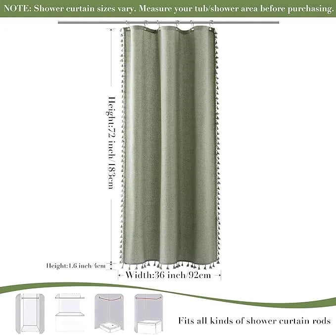 Nanspring Stall Sage Green Boho Linen Shower Curtain 36 Inch Textured Farmhouse Fabric Tassel Shower Curtain Set with Hooks Vintage Rustic Small Bath Curtains for RV Camper Bathroom 36x72, Green - ModernBath