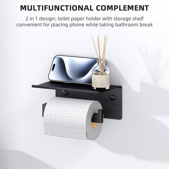 Angle Simple Toilet Paper Holder with Shelf Matte Black, 304 Stainless Steel Lavatory Tissue Roll Holder for Wall - ModernBath