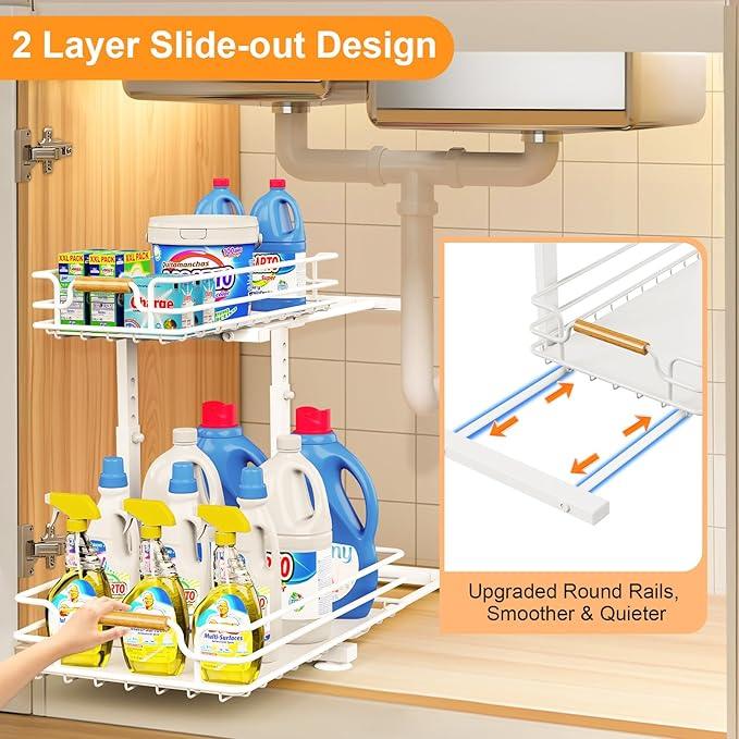 JYPS 2 Pack Under Sink Organizer, 2 Tier Pull out Under Kitchen Bathroom Sink Organizer and Storage, Metal Sliding Drawer for Cabinet Pantry Undersink Organizers Shelf - ModernBath