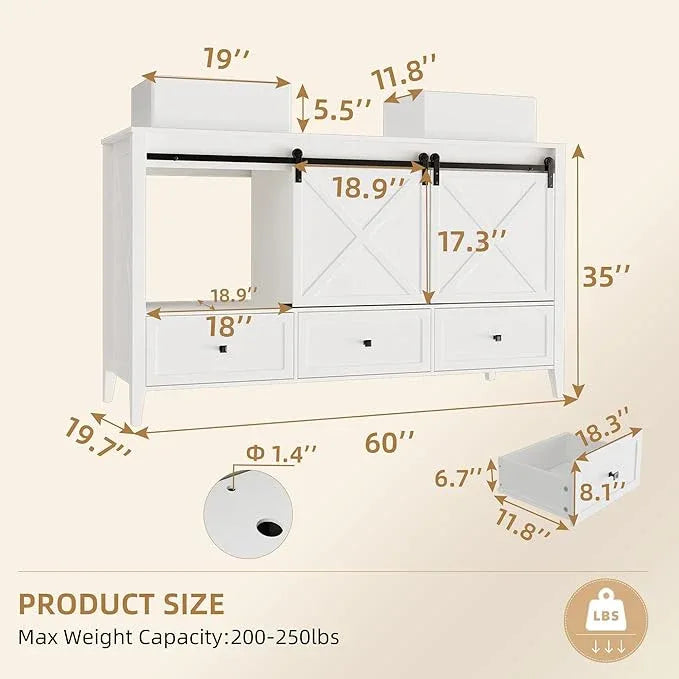 VNN Bathroom Vanity with Sink - 60 Inch Bathroom Vanity Double Sink Ceramic, Freestanding Cabinet with 2 Farmhouse Sliding Barn Doors and 5 Drawers, Space-Saving Storage Cabinet, White Wood Grain - ModernBath