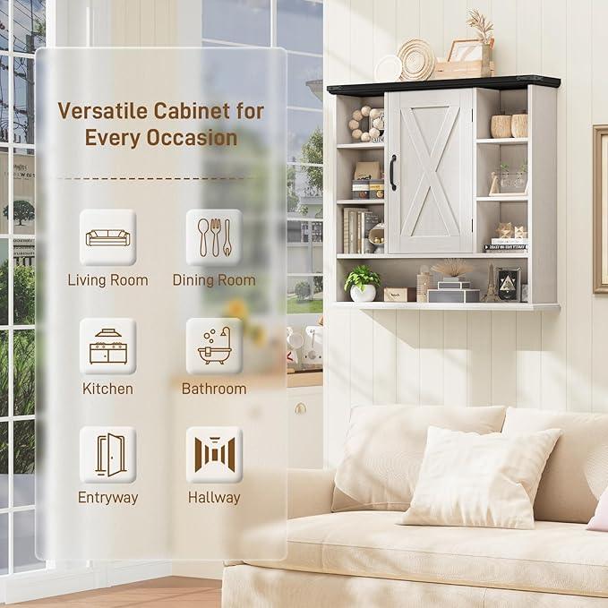 Bathroom Wall Cabinet, Farmhouse Medicine Cabinet with Adjustable Shelves and Barn Doors, Large Wall Mounted Over the Toilet Storage Cabinet for Bathroom, Laundry Room, Kitchen, Rustic White and Black - ModernBath