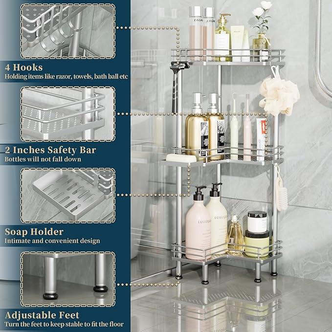 Consumest Corner Shower Caddy Standing - 3-Tier Stainless Steel Shower Organizer with Soap Holder and 4 Hooks, Large Capacity Corner Shelf Stand for Bathroom, Rest Room, Silver - ModernBath