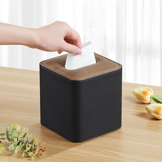 Cretkhp Tissue Box Cover Square, Modern PU Leather Tissue Holder with Magnetic Closure for Bathroom NightStands, Decorative Square Tissue Box Holder (Black) - ModernBath