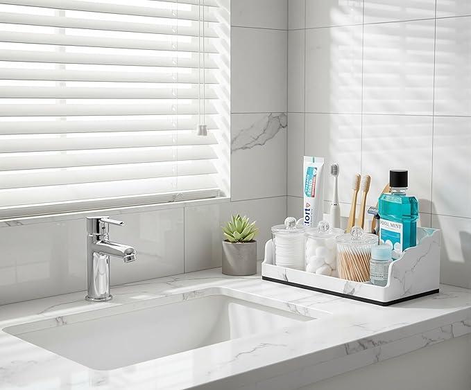 TuCao Bathroom Counter Organizer with 3PCS Qtip Holder, Marble Toothbrush Holders for Bathrooms, Bathroom Organizers and Storage with Drain Holes, Electric Toothbrush Holder, Vanity Organizer - ModernBath