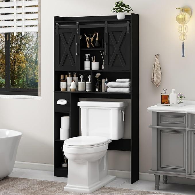 Vabches Over The Toilet Storage Cabinet, Farmhouse Storage Cabinet Over Toilet with Sliding Doors & Toilet Paper Holder Stand，Home Space-Saving Toilet Rack, for Bathroom, Laundry and Restroom.Black - ModernBath