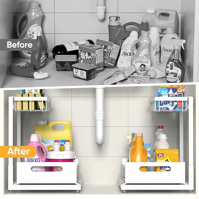 Under Sink Organizer Storage 2-Tier Premium Metal Pull-Out Racks, Height Adjustable, Heavy Dut and Easy Installation for Kitchen & Bathroom Organizers 1 Pack White - ModernBath