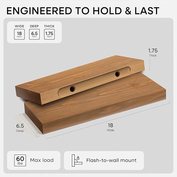 Homeforia 18 inch Golden Oak Floating Shelf, High End Solid Real Wood 18inch Small Floating Shelves for Wall Mounted, Oak Wooden 18in Floating Shelves, Heavy Duty Bracket, 18 X 6.5 X 1.75 in, Set of 4 - ModernBath