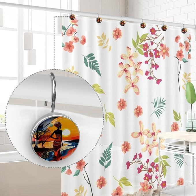 FVQL Shower Curtain Hooks Decorative, Sunset Cartoon African Women, Set of 12, Metal Shower Curtain Rings for Bathroom - ModernBath
