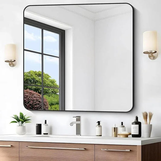 CIVENO Bathroom Mirror, 42x42 inch Black Square Wall Mirror, Rounded Corner Aluminum Metal Frame Vanity Mirror, Large Wall Mounted Mirrors for Over Sink Bedroom Living Room Entryway - ModernBath