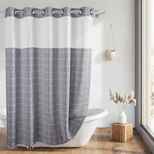 River Dream Farmhouse Blue Shower Curtain with Snap-in Liner, No Hooks Shower Curtain Set, with Tassels for Bathroom Decor,Shower Curtain and Liner with Sheer Window 71x74 Inch - ModernBath