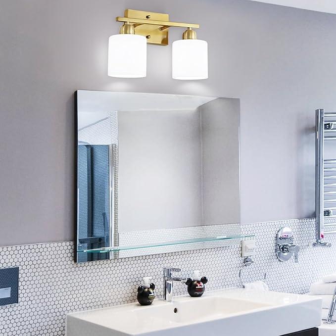 FAISHILAN 2 Light Bathroom Vanity, Bathroom Lights Over Mirror with Milky White Frosted Glass Shades, Gold Vanity Light for Mirror Living Room Bedroom Hallway E26 Base - ModernBath