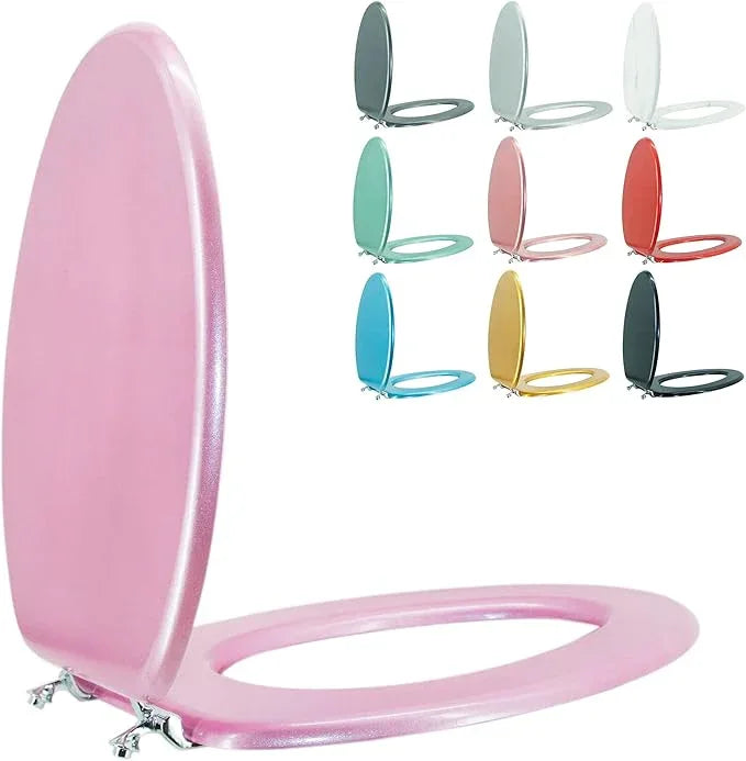 BLOFDE Elongated Toilet Seat Wood Toilet Seat Prevent Shifting with Zinc Alloy Hinges American Standard Size Toilet Seat Easy to Install also Easy to Clean (Elongated,Sparkling Pink) - ModernBath