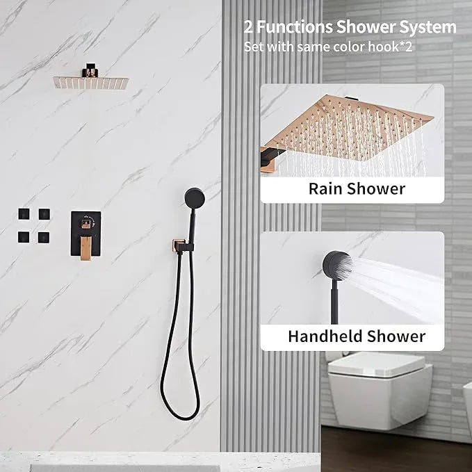 RTTWYYUU Black Gold Rainfall Shower Head, Wall Mounted 10 Inch Shower Heads with Handheld Spray Combo, Luxury Bathroom Square Rain Shower System, Solid Brass Pressure Balancd Shower Faucet Valve - ModernBath