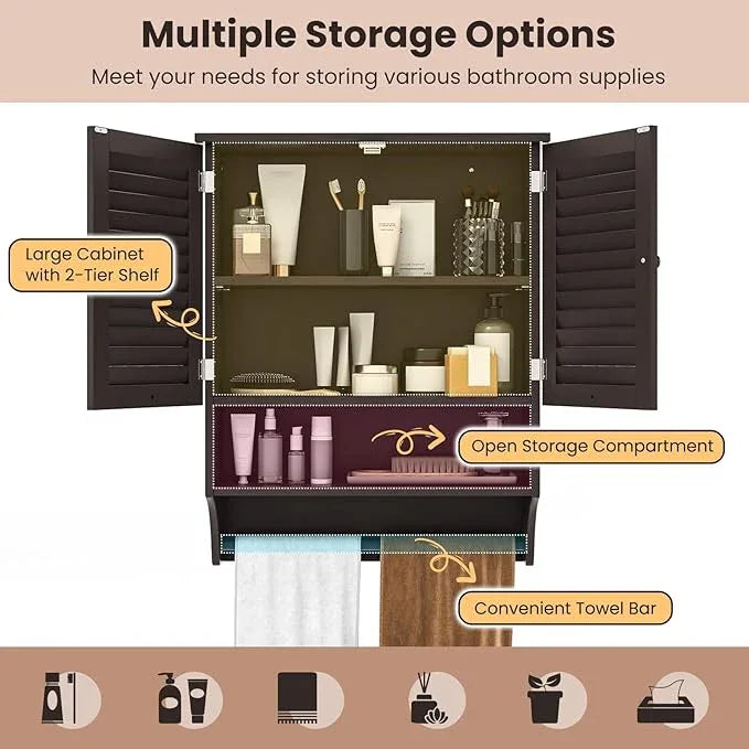 Tangkula Wall Mounted Bathroom Cabinet w/Open Shelf & Bar, Medicine Cabinet w/Double Louvered Doors, Adjustable Shelf, Wall Storage Cabinet for Bathroom Living Room Kitchen (Espresso) - ModernBath