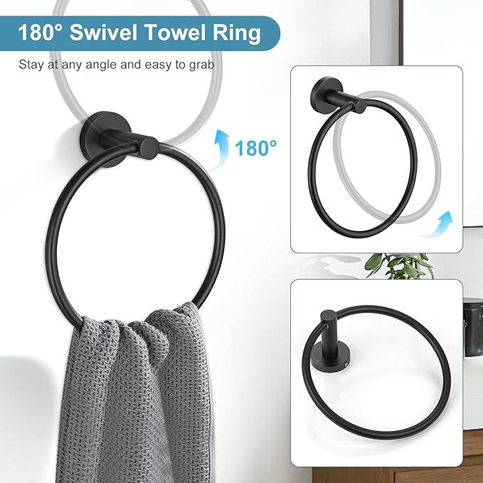 TQKAG 8-Pieces Bathroom Hardware Set Matte Black SUS304 Stainless Steel Bath Towel Bar Set 23.6 Inch Round Bathroom Accessories Kit Wall Mounted - ModernBath