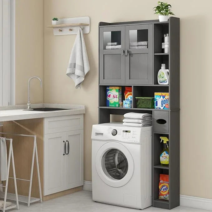 Vabches Over The Toilet Storage Cabinet, Bathroom Shelf Over Toilet with Glass Doors and Adjustable Shelves, Natural Grey Freestanding Home Space Save Toilet Rack, for Restroom, Bathroom, Laundry - ModernBath