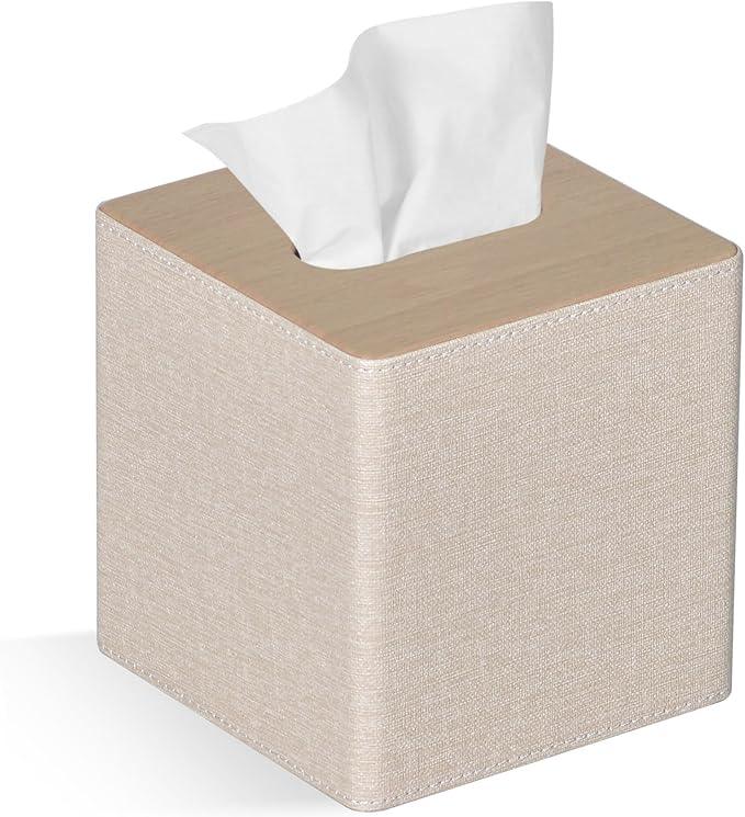 GOLRANLYE Tissue Box Cover Square PU Leather Facial Tissue Box Holder for Dresser Bathroom Decor (Beige) - ModernBath