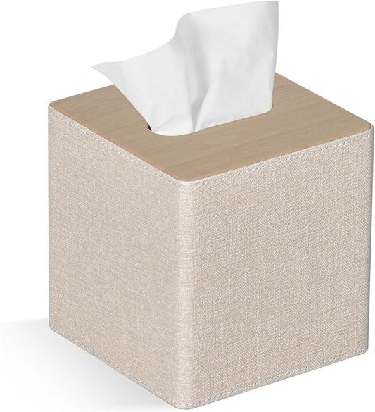 GOLRANLYE Tissue Box Cover Square PU Leather Facial Tissue Box Holder for Dresser Bathroom Decor (Beige) - ModernBath