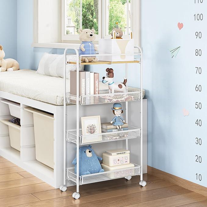 TOOLF 4-Tier Slim Rolling Cart, Metal Utility Cart, Slide Out Storage Cart with Wooden Tabletop and Mesh Baskets for Narrow Space on Kitchen Bathroom Laundry Room Bedroom Apartments Dormitory - ModernBath