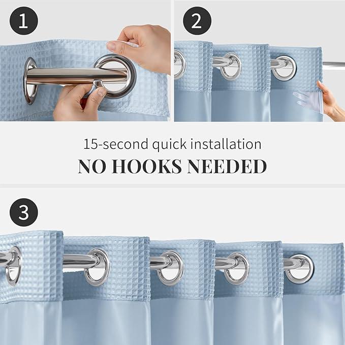 River Dream Misty Blue Fabric Shower Curtain Set, Cotton Blend, Waffle Weave, with Snap in Replacement Liner，71 x 86 inches - ModernBath