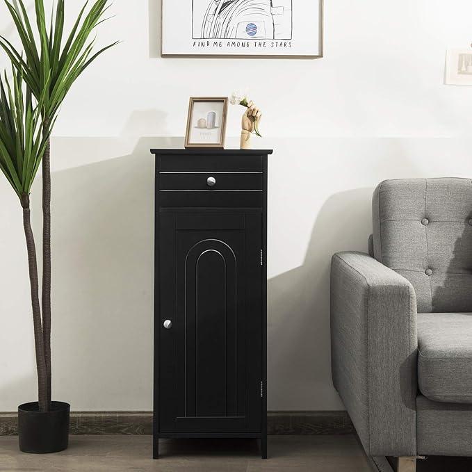 Tangkula Bathroom Floor Cabinet, Wooden Side Storage Organizer, Free-Standing Single Door Floor Storage Cabinet with Large Drawer & 2 Adjustable Shelves for Living Room Kitchen (Black) - ModernBath