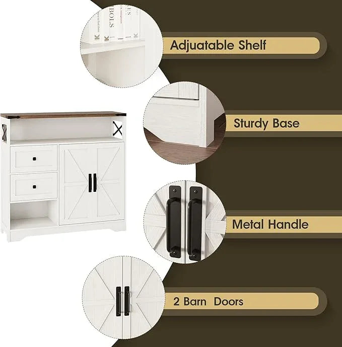Fameill Farmhouse Storage Cabinet with Drawers and Open Storage,Freestanding Kitchen Pantry with 2 Barn Doors, Floor Cabinet with Adjustable Shelf for Living Room,White - ModernBath