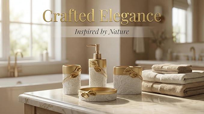 Hymmah Bathroom Accessories Set,Golden Design Toothbrush Holder,Farmhouse Bathroom Decor,4 Pcs Resin Gift Set Apartment Necessities, Contain Toothbrush Cup,Soap Dispenser,Soap Dish,Tumbler - ModernBath