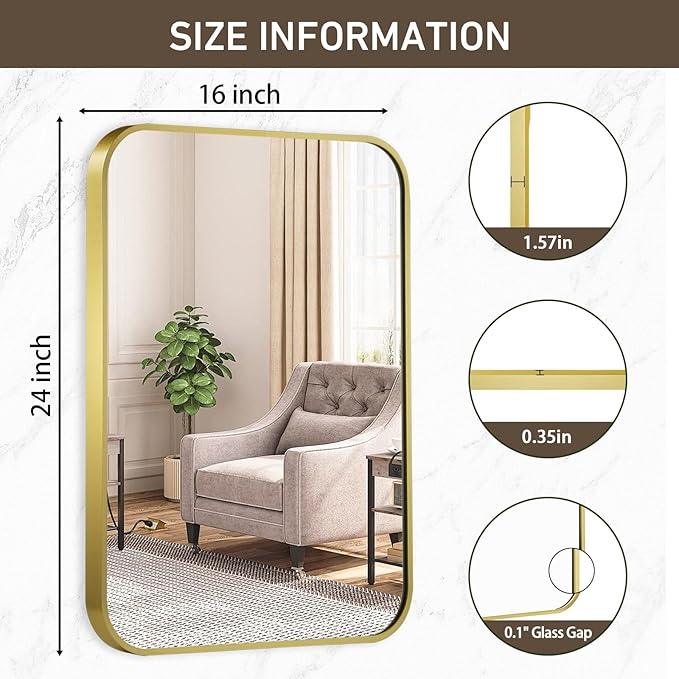 CLBA Matte Gold Mirror, 16x24 Inch Brushed Gold Mirror, Aluminum Alloy Framed Vanity Mirror, Rounded Rectangle Bathroom Mirror for Over Sink, Anti-Rust Wall Mirror (Horizontally or Vertically) - ModernBath