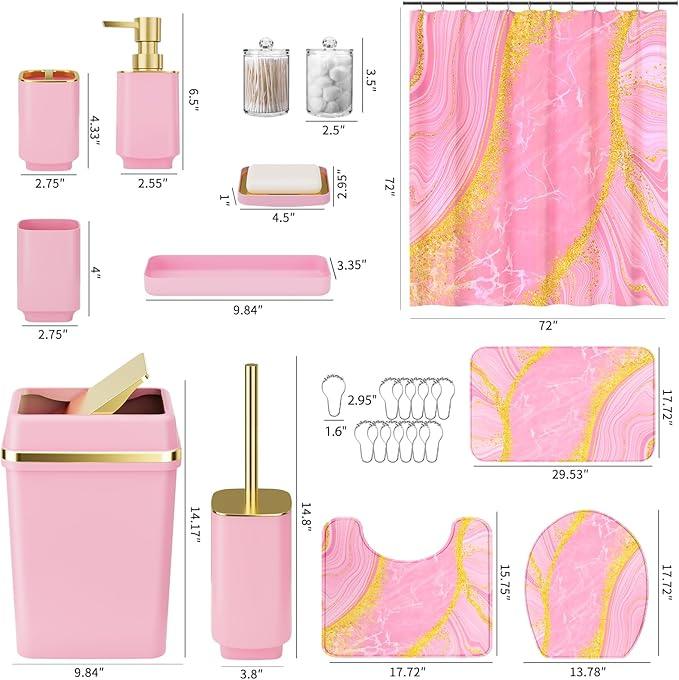 25PCS Bathroom Accessory Set, Pink Bathroom Set with Large-Capacity 4 Gallon Trash Can,Bathroom Rugs Set, Waterproof Shower Curtain, Toilet Brush, Toothbrush Holder & Soap Dispenser - ModernBath