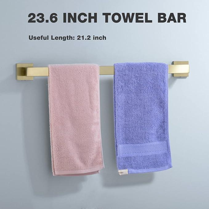 TRUSTMI Brushed Gold Bathroom Hardware Accessories Set, 5 Piece Square Shape Stainless Steel Wall Mounted Towel Bar Set, 23.6-Inch - ModernBath