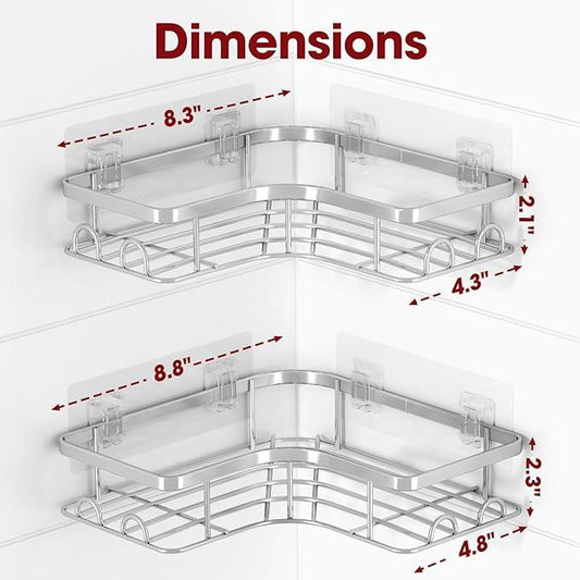 Corner Shower Caddy - 2 Pack, Adhesive Shower Organizers, Rustproof Stainless Steel Shower Shelves with 8 Hooks, No Drilling Bathroom Organizers and Storage Racks, Space-Saving, Silver, Large - ModernBath