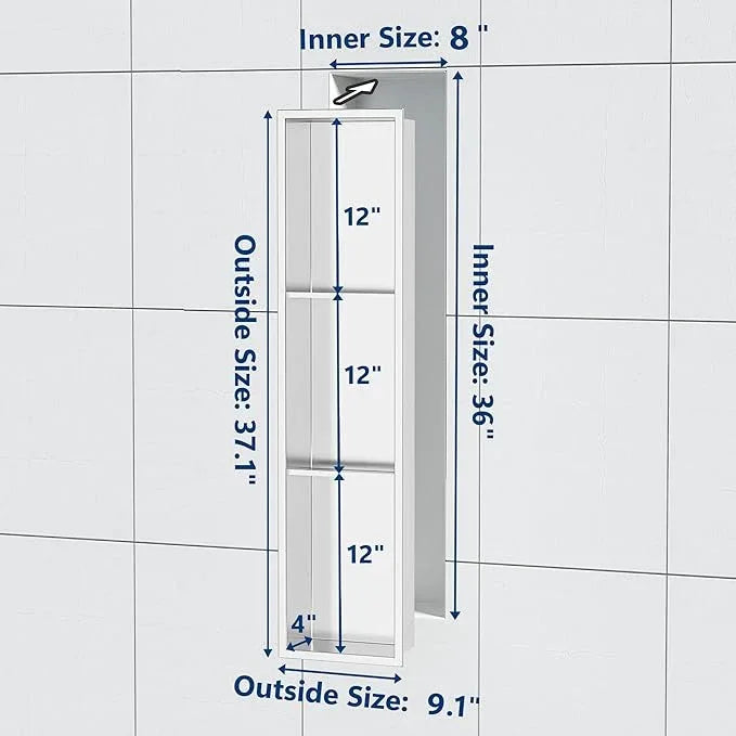 Qeke Stainless Steel Shower Niche 8" X 36", No Tile Needed Wall Niche Three-Tier, Recessed Shower Shelf for Bathroom Storage, Brushed Nickel - ModernBath