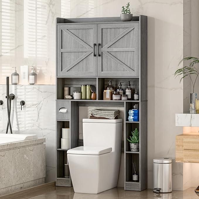 Over The Toilet Storage Cabinet, Farmhouse Toilet Cabinet Rack with Barn Doors, Space Saving Bathroom Organizer with Shelves, Toilet Paper Holder and Towel Rack for Bathroom,Restroom,Laundry,Wash Grey - ModernBath