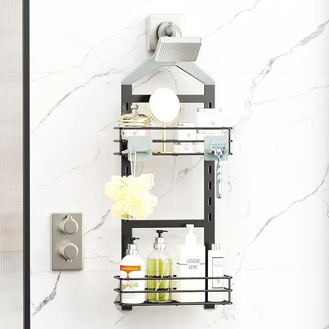 Orimade Adjustable Anti-slip Shower Caddy over Shower Head, Rustproof Bathroom Hanging Shower Organizer with 2 Hooks for Razor, No Drilling Shelves Storage Rack 2 Tier, Grey - ModernBath