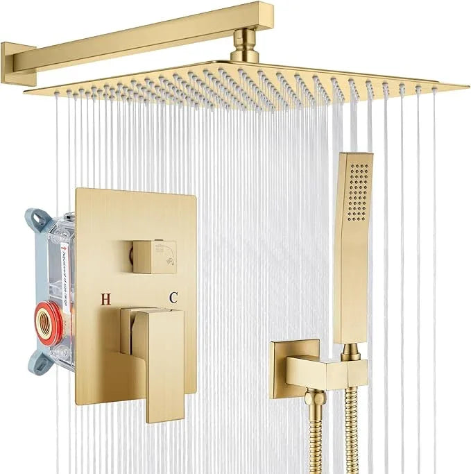 gotonovo Rainfall Bathroom Shower System Rain Shower Head and Handle Set Wall Mounted Shower Complete Combo Solid Brass Pressure Balancing Shower Mixer Valve 16 Inch Brushed Gold - ModernBath