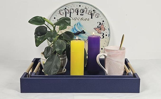 Set of 2 Wood Serving Tray with Gold Polished Metal Handles, Home Decorative Wooden Rectangle Ottoman Leather Decor Platter Bathroom Vanity Tray for All Occasions (Blue) - ModernBath