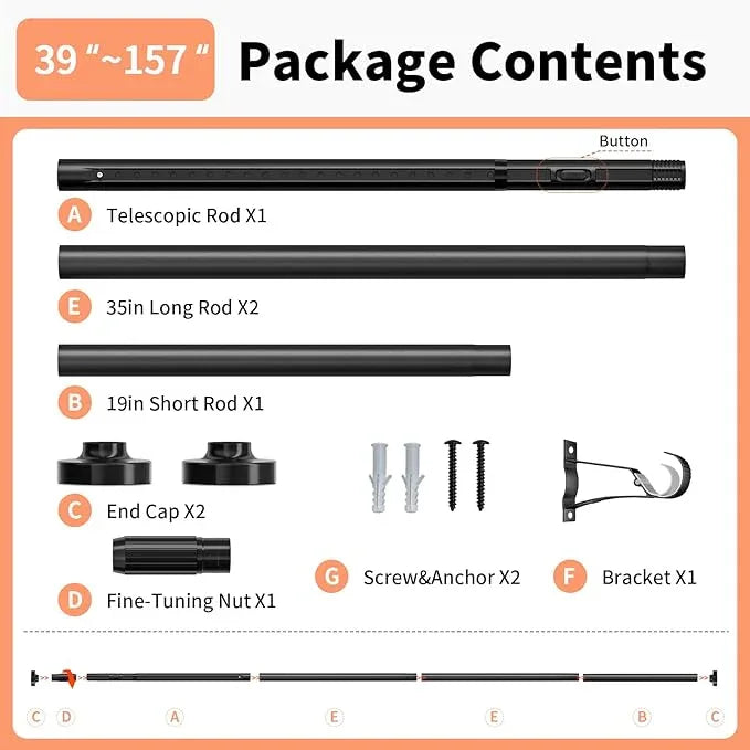Treije Tension Curtain Rod 39-157In, Outdoor Extra Long Curtain Rod No Drilling for Window or Bathroom Patio, Adjustable Heavy Duty Shower Curtain Rod, Easy to Install, Never Rust, Non-Slip-Black - ModernBath