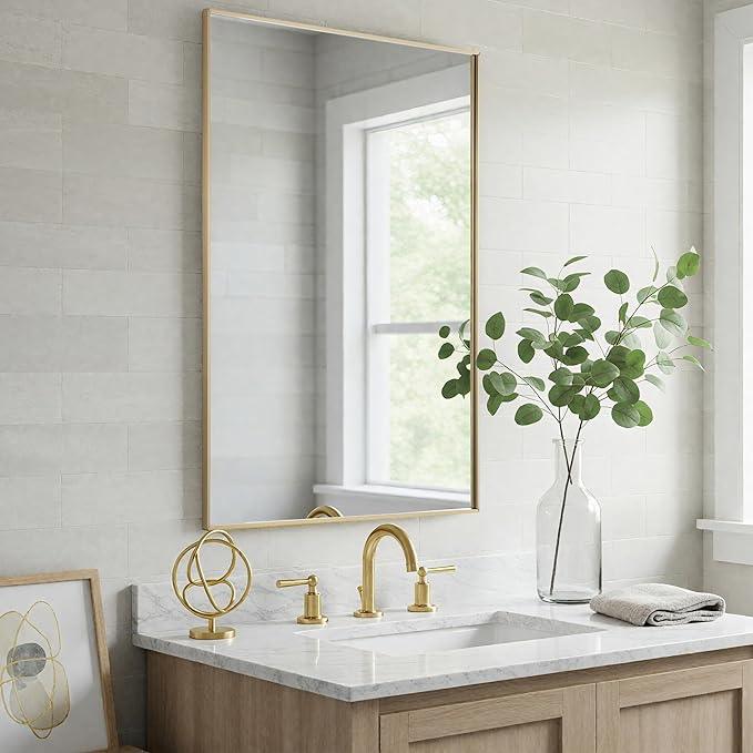 LEDLUX 24x40 Inch Gold Bathroom Mirror - Copper-Free Mirror, Aluminum Alloy Frame Vanity Rectangle Wall Mounted Modern Mirror for Bedroom/Living Room/Porch Horizontal or Vertical - ModernBath
