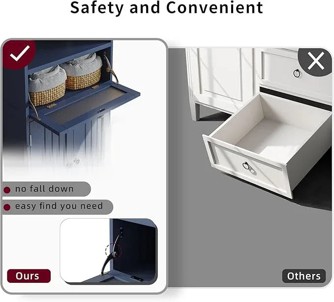ChooChoo Bathroom Floor Storage Cabinet with Flip Glass Drawer, Freestanding with 2 Doors, Adjustable Shelf & 1 Open Storage for Living Room, Hallway, Navy Blue - ModernBath